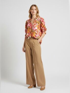 Rose & Olive Pink & Brown Floral Tie-Neck Peasant Blouse